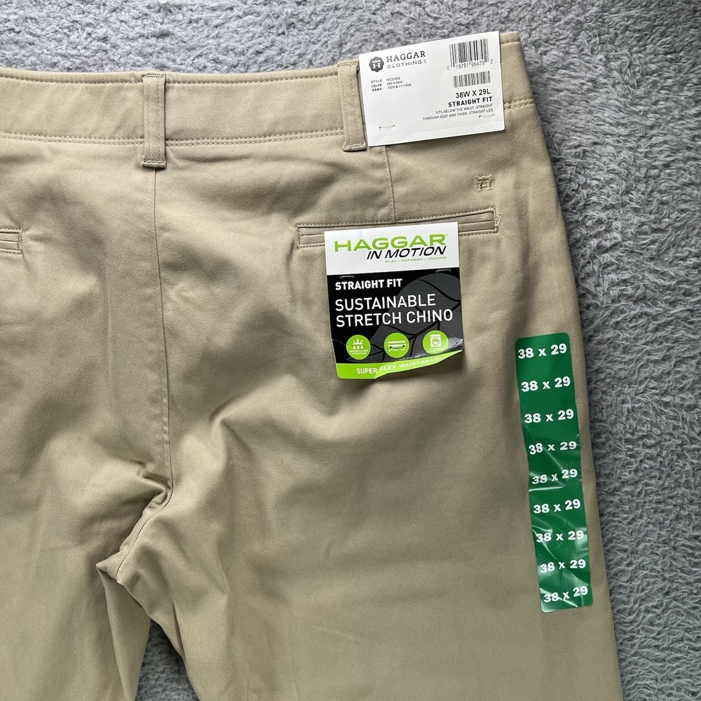 Haggar Chino Pants Mens 38x29 Khaki In Motion Stretch Straight Fit NWT - Picture 2 of 15